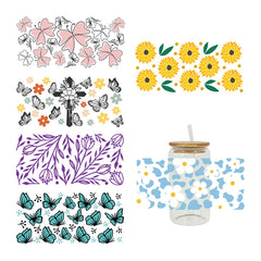 UV DTF Cup Wraps – 6 Sheets for 16oz Glass Cups, Decals & Craft Supplies (Flower B)