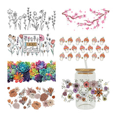 UV DTF Cup Wraps – 7 Sheets for 16oz Glass Cups, Decals & Craft Supplies (Flower A)