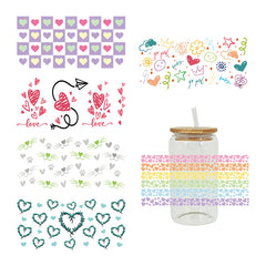 UV DTF Cup Wraps – 6 Sheets for 16oz Glass Cups, Decals & Craft Supplies (Heart)