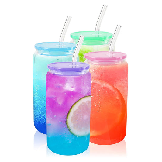 16 OZ Glass Cups with Acrylic Lids and Straws ( Multi Light Lids )