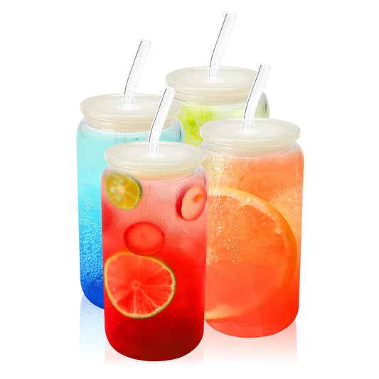 16 OZ Glass Cups with Acrylic Lids and Straws ( Cream White Lids )