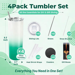 20 oz Sublimation Tumblers, 4 Pack Gradient Green Straight Cups