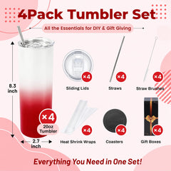 20 oz Sublimation Tumblers, 4 Pack Gradient Red Straight Cups