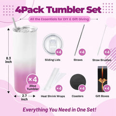 20oz Sublimation Tumblers,4 Pack Gradient Purple Pink Straight Cups