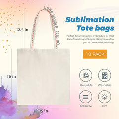 Sublimation Tote Bags Blanks large 15 x 16 in with Long Handle / Case of 160