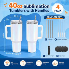 4 Pack 40 oz Glitter Sublimation Tumblers with White Handles