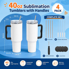 4 Pack 40oz Sublimation Tumblers with Black Handles,Lids and Straws