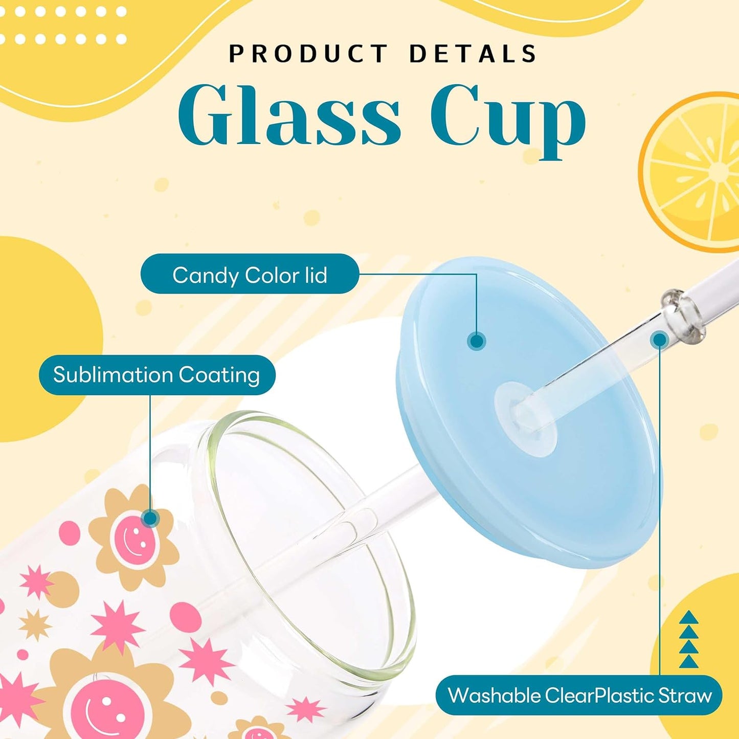 Sublimation Clear Glass Cups Blanks with Acrylic Lids ( Multi Light Lids )