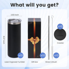 20oz Skinny Tumblers Bulk 10 Pack – Black Stainless Steel Engraving Blanks with Lids, Straws & Gift Box