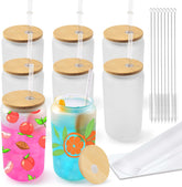 Glass cups with bamboo lids and straws 16 oz Sublimation Frosted glass cups - 8 pack