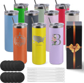 20oz Skinny Tumblers Bulk 10 Pack – Stainless Steel Engraving Tumblers with Lids & Straws