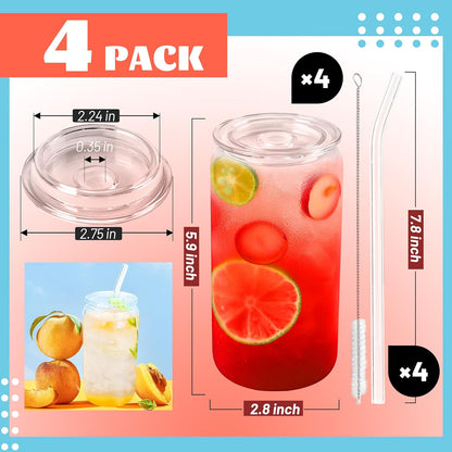 16 OZ Glass Cups with Acrylic Lids and Straws ( Clear Lids )