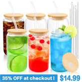 6 pack Clear Glass Cups with Bamboo Lids -You're saving 35%!– now just $14.99!