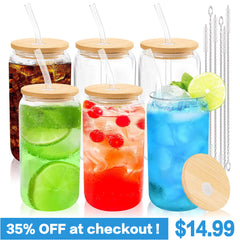 6 pack Clear Glass Cups with Bamboo Lids -You're saving 35%!– now just $14.99!