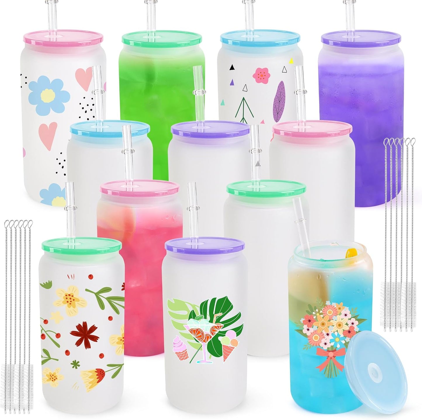 Sublimation Frosted Glass Cups Blanks with Acrylic Lids ( Multi Light Lids )