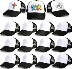 15 Pack Black Sublimation Trucker Hats Bulk, Adjustable Blank Mesh Snapback Caps