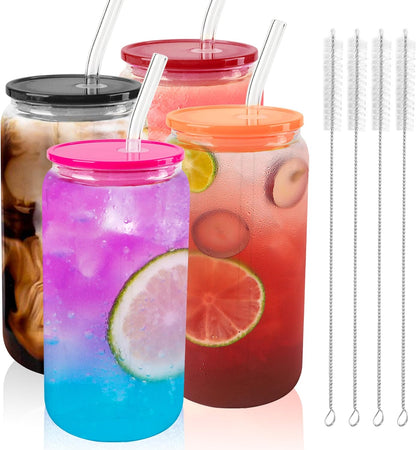 16 OZ Glass Cups with Acrylic Lids and Straws ( Multi Dark Lids )