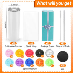 20 oz Sublimation Tumblers – Skinny Straight with colorfull lids & Straws (10 Pack)