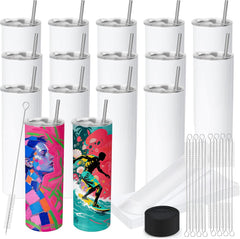 16-Pack 20 oz Skinny Straight Sublimation Tumblers Blanks – Flat Edge with Lids & Straws No Gift Boxes