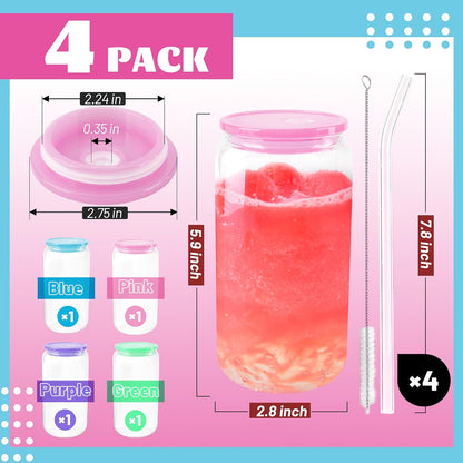 16 OZ Glass Cups with Acrylic Lids and Straws ( Multi Light Lids )