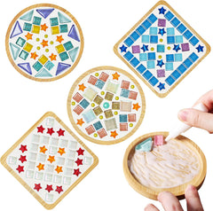 4 Sets DIY Glass Mosaic Tile Kit with Wooden Coasters