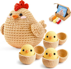 Beginner Amigurumi Animal Crochet Kit – 4-Piece Chicken, Chick & Egg Set with Video Tutorials