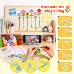 Crochet Kit for Beginners – 10 PCS Flower Bookmark Crochet Starter Kit with Step-by-Step Video Tutorials for Adults