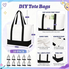 10 PCS Large Canvas Tote Bags Bulk with Front Pocket 18.5 x 15 in - Black