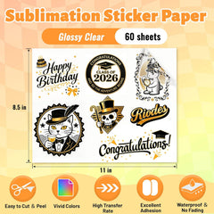 Transparent Sublimation Sticker Paper – 8.5×11 Glossy Waterproof Vinyl (60 Sheets)