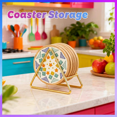 Triangle Coaster Holder 4.3 in Gold Iron Metal Stand for 5 Coasters