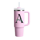Custom Name Flowers & Leaves Initial Tumbler With Handle 40oz (Cherry Blossom)