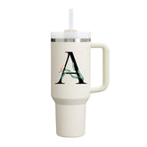 Custom Name Flowers & Leaves Initial Tumbler With Handle 40oz (Cream)