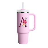 Custom Name Flowers Initial Tumbler With Handle 40 oz (Cherry Blossom)