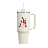 Custom Name Flowers Initial Tumbler With Handle 40 oz (Cream)