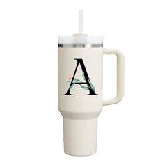 Custom Name Flowers & Leaves Initial Tumbler With Handle 40oz (Cream)