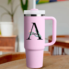 Custom Name Flowers & Leaves Initial Tumbler With Handle 40oz (Cherry Blossom)