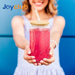 Glass Cups with Bamboo Lids and Straws  16 oz water bottles in bulk - 4 pack Clear