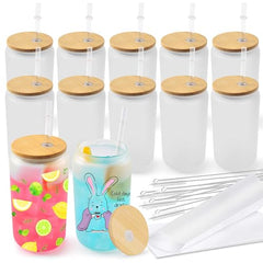 Glass cups with bamboo lids and straws 16 oz Sublimation Frosted glass cups - 12 pack