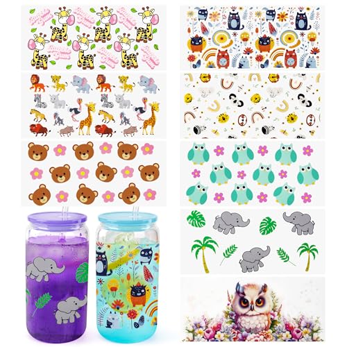 8 Pack UV Dtf Cup Wraps for Glass Cups (Cute Animal)