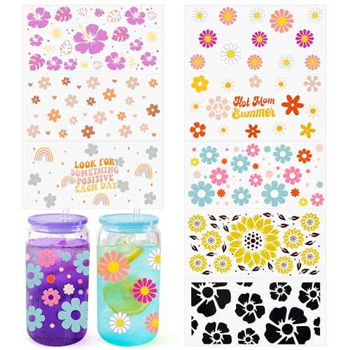 8 Pack UV Dtf Cup Wraps for Glass Cups (Cute Flower)