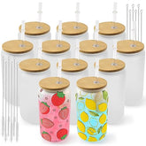 Glass cups with bamboo lids and straws 16 oz Sublimation Frosted glass cups - 12 pack