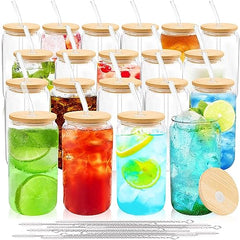 Joyclub Glass Cups with Bamboo Lids and Straws 20 Set 16 oz