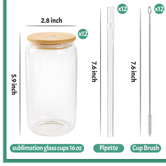 Glass cups with bamboo lids and straws 16 oz Sublimation Clear glass cups - 12 pack