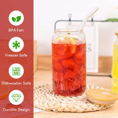 Glass Cups with Bamboo Lids and Straws  16 oz water bottles in bulk - 8 pack Clear