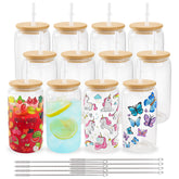 Glass cups with bamboo lids and straws 16 oz Sublimation Clear glass cups - 12 pack