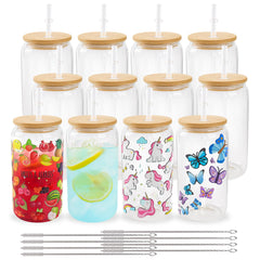 Glass cups with bamboo lids and straws 16 oz Sublimation Clear glass cups - 12 pack