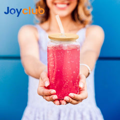 Glass Cups with Bamboo Lids and Straws  16 oz water bottles in bulk - 6 pack Clear