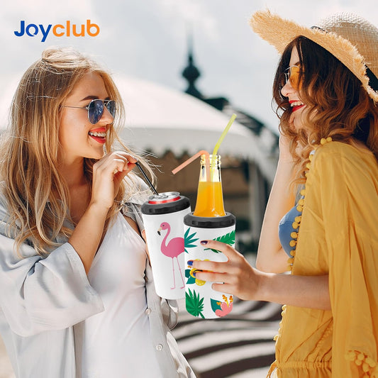Two people outdoors holding decorated can coolers with a beverage can and bottle