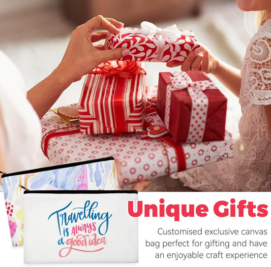 Gift-giving scene with decorated zipper pouches shown in the foreground