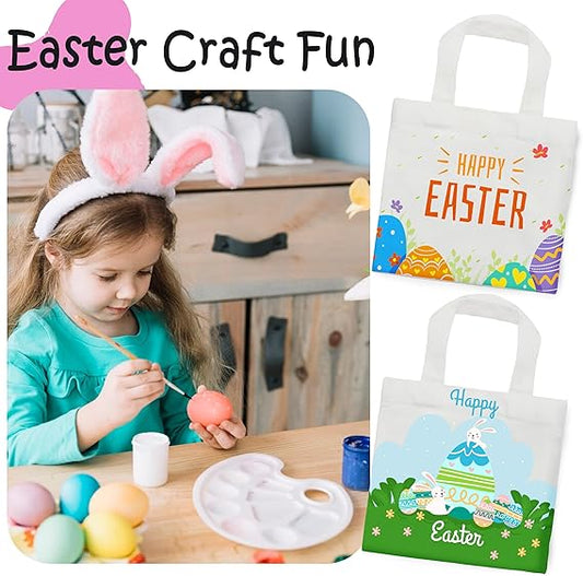 Seasonal craft scene with a child decorating an egg beside illustrated mini tote bags